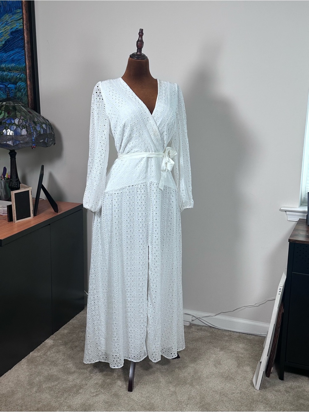 White House Black Market White Eyelet Long Sleeve Wrap Maxi Dress